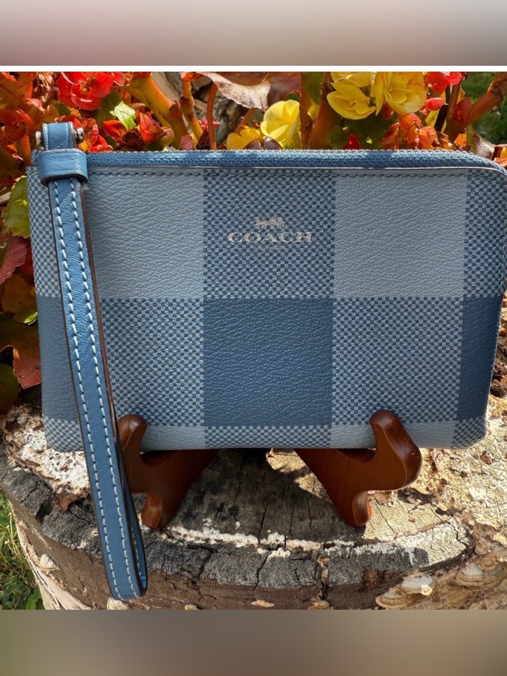 Coach Plaid corner zip Wristlet